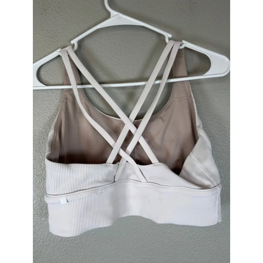 Lululemon Energy Bra Longline Ribbed Pink White Strappy Back Size 10 Medium